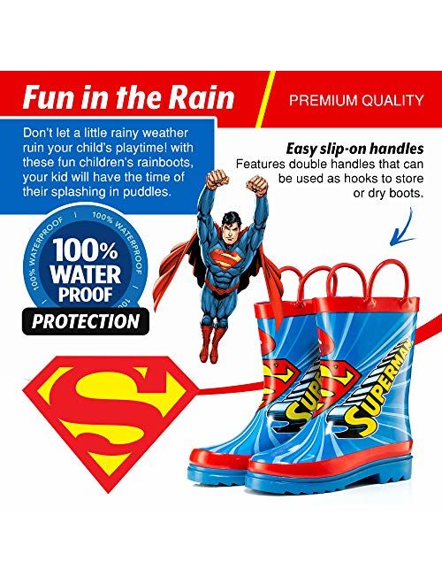 DC Comics Kids Boys' Superman Character Printed Waterproof Easy-On Rubber Rain Boots (Toddler/Little Kids)