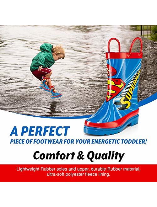 DC Comics Kids Boys' Superman Character Printed Waterproof Easy-On Rubber Rain Boots (Toddler/Little Kids)