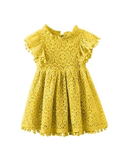 Kids Girl Hollow Lace Dress pom pom Short Sleeve Princess Frilled Waist Dress