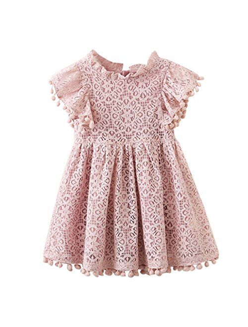 Kids Girl Hollow Lace Dress pom pom Short Sleeve Princess Frilled Waist Dress