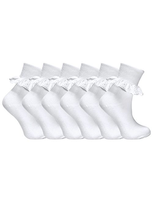 6 pairs of Girls Cotton Pretty white lace trim ankle socks