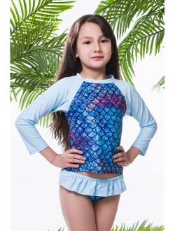 ALOOCA Little Girls Two Pieces Rash Guard Swimsuit Set Long Sleeve Print Bikini Bathing Suit UPF50+ Beach Swimwear 2-8T