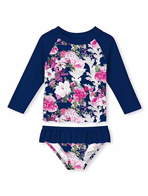 ALOOCA Little Girls Two Pieces Rash Guard Swimsuit Set Long Sleeve Print Bikini Bathing Suit UPF50+ Beach Swimwear 2-8T