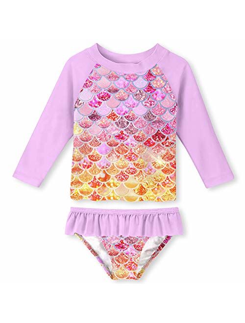 ALOOCA Little Girls Two Pieces Rash Guard Swimsuit Set Long Sleeve Print Bikini Bathing Suit UPF50+ Beach Swimwear 2-8T