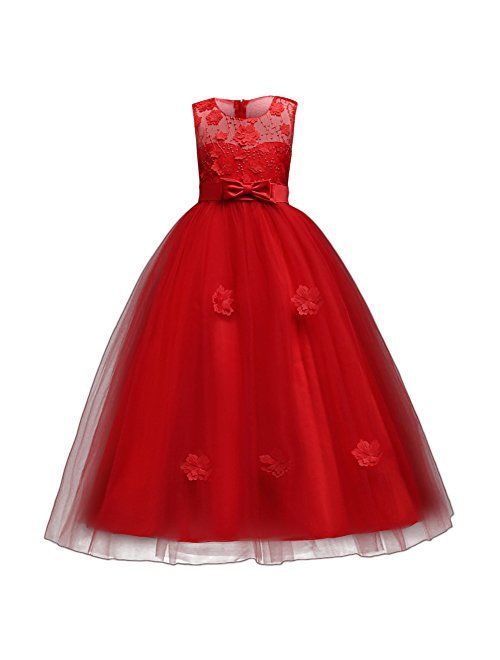 IBTOM CASTLE Little Big GirlsTulle Retro Vintage Dresses Flower Lace Pageant Party Wedding Floor Length Dance Evening Gown