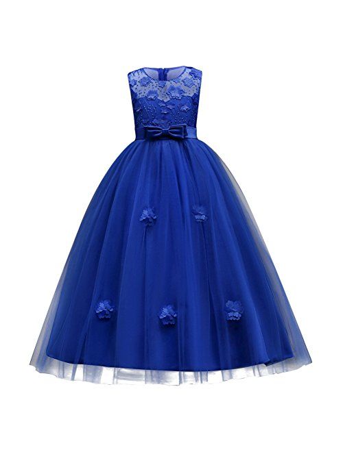 IBTOM CASTLE Little Big GirlsTulle Retro Vintage Dresses Flower Lace Pageant Party Wedding Floor Length Dance Evening Gown