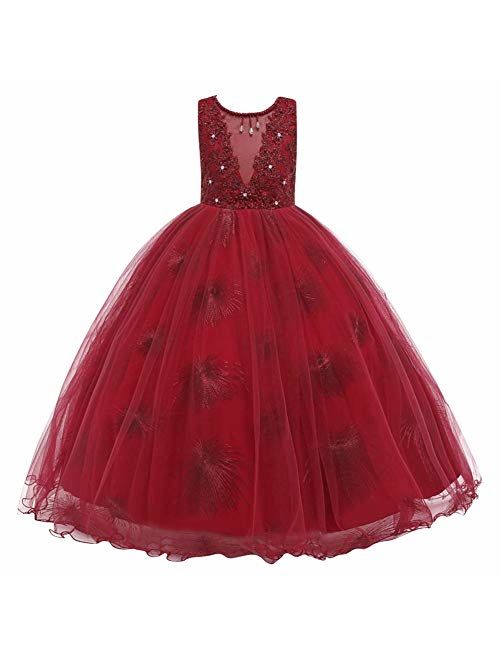 IBTOM CASTLE Little Big GirlsTulle Retro Vintage Dresses Flower Lace Pageant Party Wedding Floor Length Dance Evening Gown