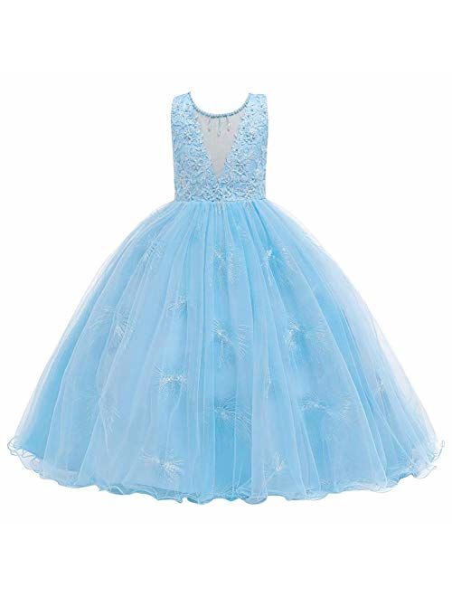 IBTOM CASTLE Little Big GirlsTulle Retro Vintage Dresses Flower Lace Pageant Party Wedding Floor Length Dance Evening Gown