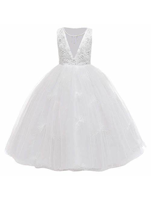 IBTOM CASTLE Little Big GirlsTulle Retro Vintage Dresses Flower Lace Pageant Party Wedding Floor Length Dance Evening Gown