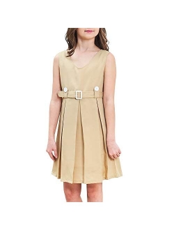 Girls Dress Khaki Button Back School Pleated Hem Size 6-14