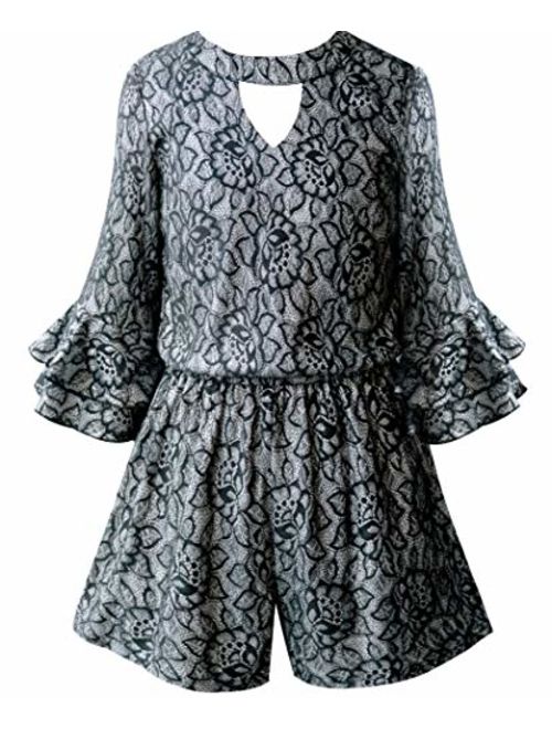 Smukke, Big Girls Tween Tiered Ruffle 3/4 Sleeves Romper with Pockets, 7-16