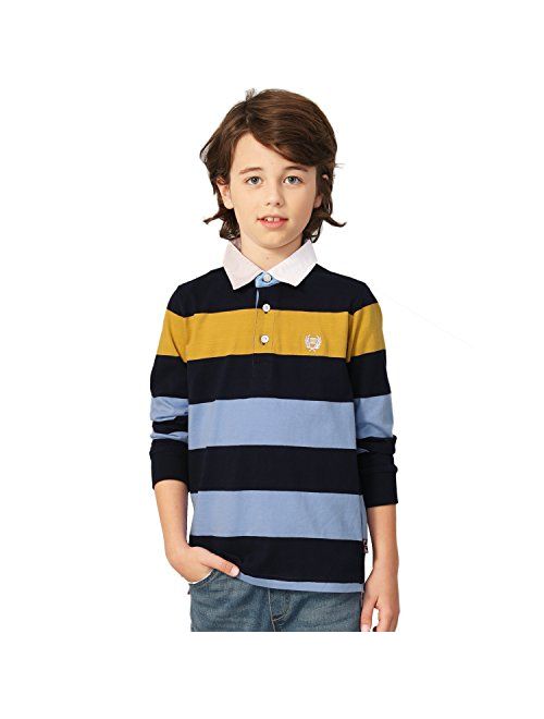 Leo&Lily Boys' Long Sleeves Striped Cardigan Rugby Polo Shirt RED