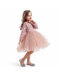 New Lace Flower Girl Dress Winter Long Sleeve Three-Dimensional Petals Pompom Net Yarn Girls Clothes Size140 4-5 Years Pink#