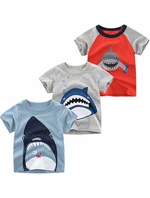 Nuziku Boys' 3-Pack Dinosaur Short Sleeve Crewneck T-Shirts Top Tee Size 2-6 Years