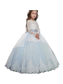 Pageant Flower Girls Dress Lace Long Sleeves Princess Tulle Ball Gown