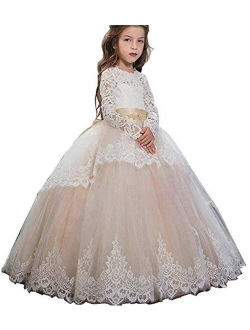 Pageant Flower Girls Dress Lace Long Sleeves Princess Tulle Ball Gown