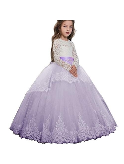 Pageant Flower Girls Dress Lace Long Sleeves Princess Tulle Ball Gown