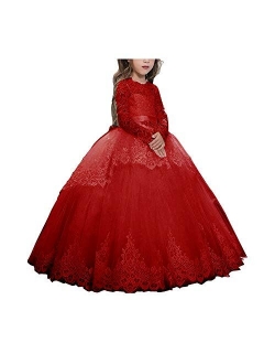 Pageant Flower Girls Dress Lace Long Sleeves Princess Tulle Ball Gown