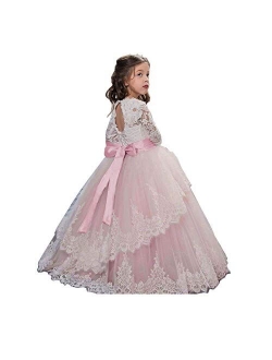 Pageant Flower Girls Dress Lace Long Sleeves Princess Tulle Ball Gown