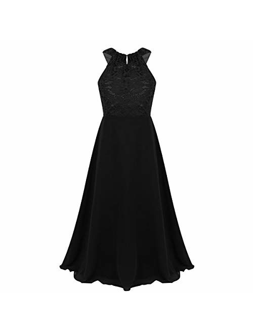 MSemis Girls' Princess Halter Neck Floor-Length Lace Chiffon A-Line Junior Bridesmaid Dress