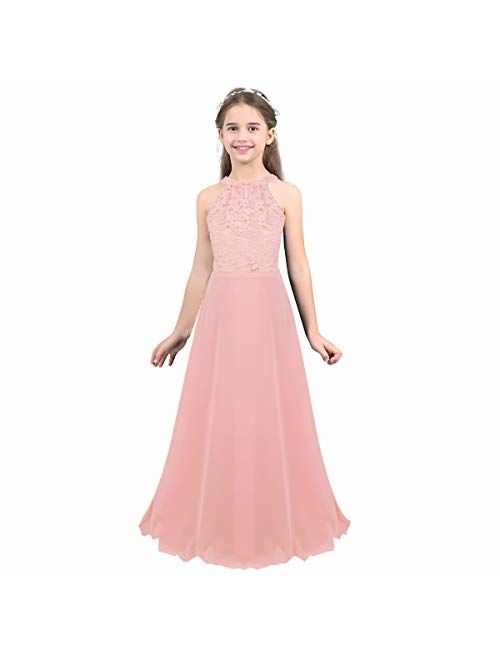 MSemis Girls' Princess Halter Neck Floor-Length Lace Chiffon A-Line Junior Bridesmaid Dress