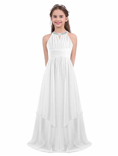 MSemis Girls' Princess Halter Neck Floor-Length Lace Chiffon A-Line Junior Bridesmaid Dress