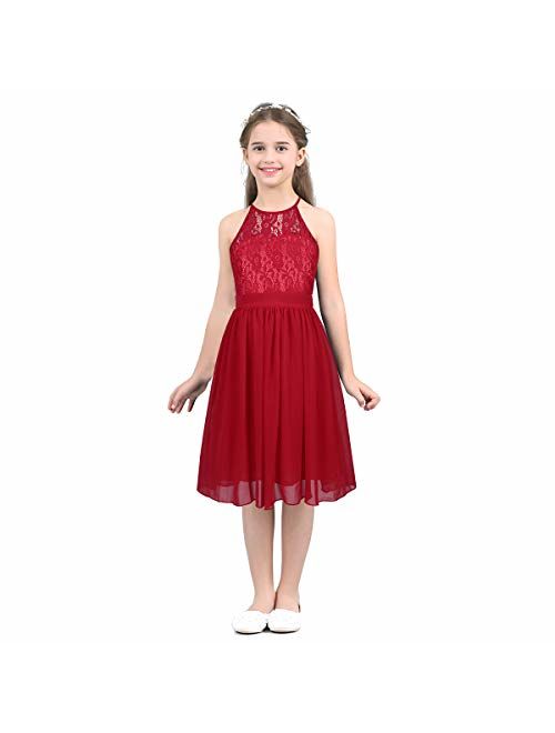 MSemis Girls' Princess Halter Neck Floor-Length Lace Chiffon A-Line Junior Bridesmaid Dress