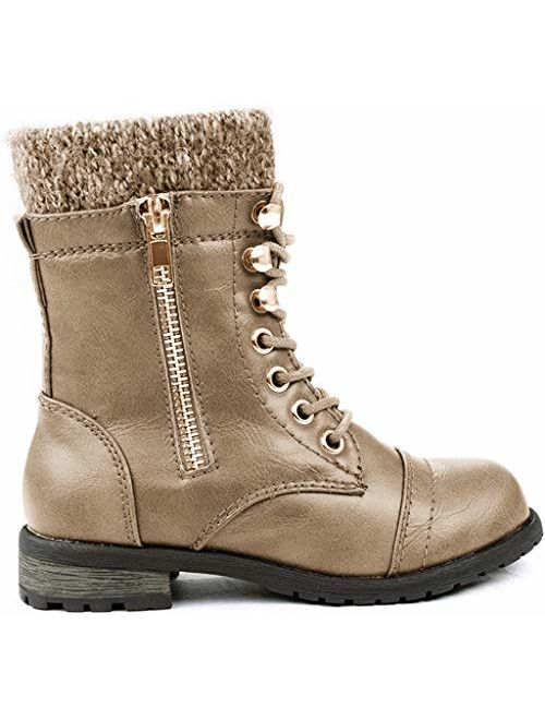 JJF Shoes Mango-31 Kids Round Toe Military Lace Up Knit Ankle Cuff Low Heel Combat Boots