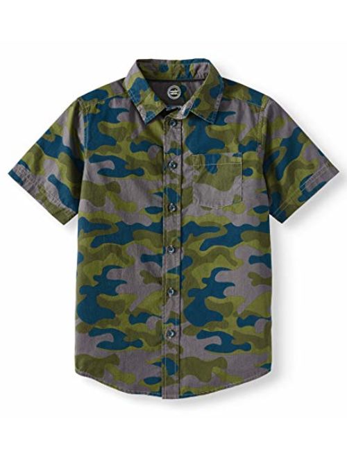 WonderNation Boys' Short Sleeve Button-Front Printed Button-Up Shirt (Grey Granite Camo)