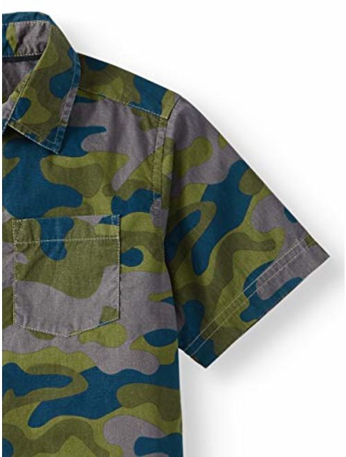 WonderNation Boys' Short Sleeve Button-Front Printed Button-Up Shirt (Grey Granite Camo)