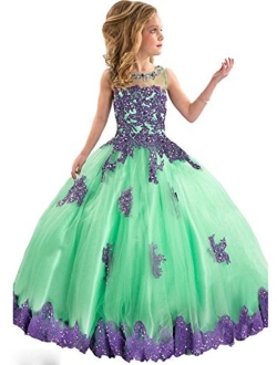 Y&C Girls' Ball Gown Appliques Beads O-Neck Pageant Dresses