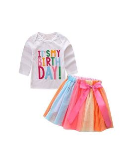 HBER 1-7T Birthday Outfits Baby Toddler Little Girls Kids Shirt Tops Rainbow Tutu Skirts Gift Clothes Set