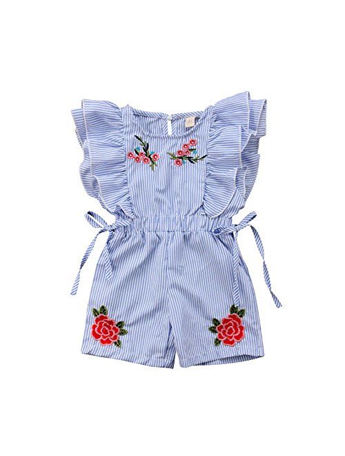 NICECLOULD Newborn Kids Baby Girl Flower Stripe Ruffle Sleeveless Romper Embroidery Jumpsuit Outfits Clothes Summer