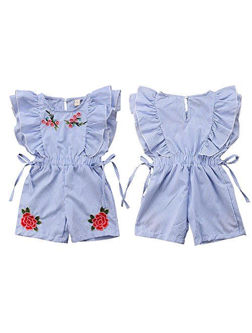 NICECLOULD Newborn Kids Baby Girl Flower Stripe Ruffle Sleeveless Romper Embroidery Jumpsuit Outfits Clothes Summer