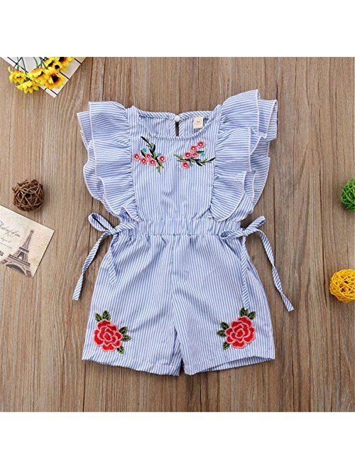 NICECLOULD Newborn Kids Baby Girl Flower Stripe Ruffle Sleeveless Romper Embroidery Jumpsuit Outfits Clothes Summer