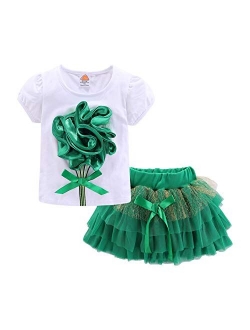 Little Girls Summer Outfit Cat T-Shirt  Tutu Skirt 2-Piece Clothing Set