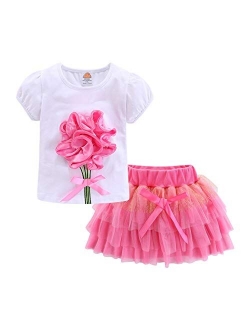 Little Girls Summer Outfit Cat T-Shirt  Tutu Skirt 2-Piece Clothing Set