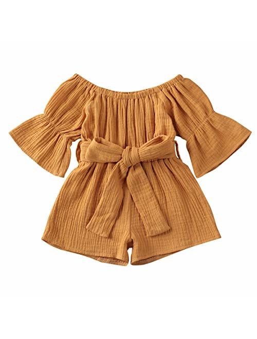 Merqwadd Toddler Baby Girl Romper Jumpsuit Flare Sleeve Shorts Overall with Belt Summer Clothes Outfits