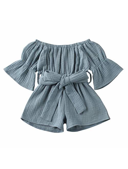 Merqwadd Toddler Baby Girl Romper Jumpsuit Flare Sleeve Shorts Overall with Belt Summer Clothes Outfits