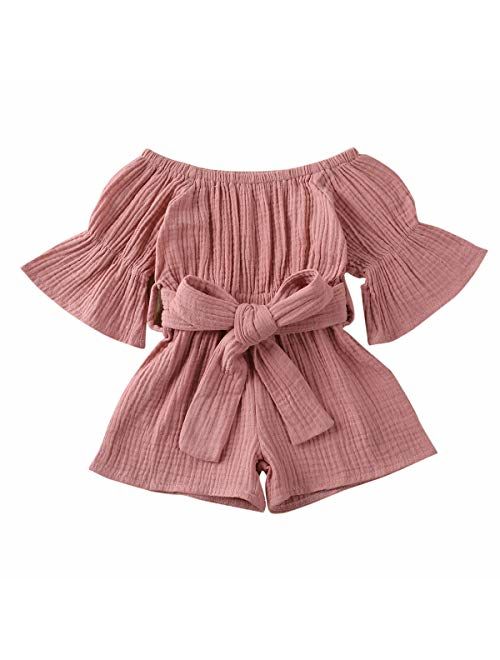 Merqwadd Toddler Baby Girl Romper Jumpsuit Flare Sleeve Shorts Overall with Belt Summer Clothes Outfits