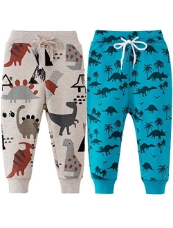 REWANGOING 2 Pack of Little Boys Girls Cartoon Print Drawstring Elastic Sweatpants Sport Jogger