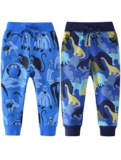 REWANGOING 2 Pack of Little Boys Girls Cartoon Print Drawstring Elastic Sweatpants Sport Jogger