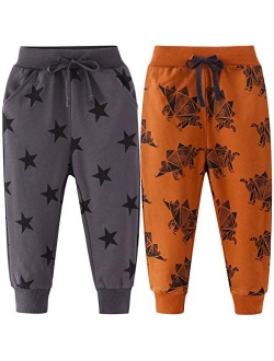 REWANGOING 2 Pack of Little Boys Girls Cartoon Print Drawstring Elastic Sweatpants Sport Jogger