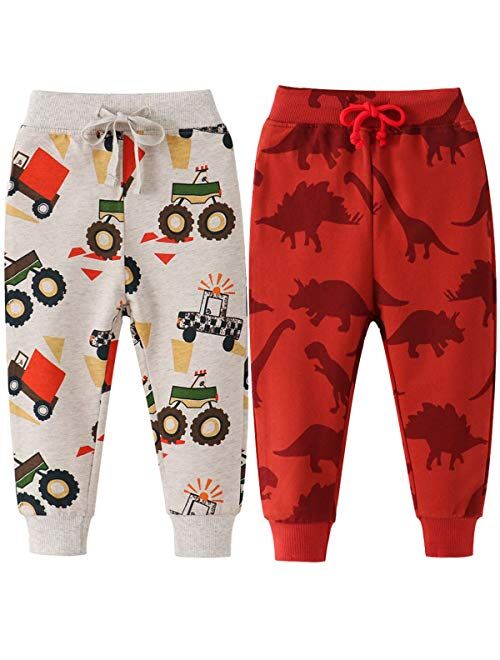 REWANGOING 2 Pack of Little Boys Girls Cartoon Print Drawstring Elastic Sweatpants Sport Jogger