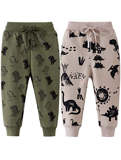 REWANGOING 2 Pack of Little Boys Girls Cartoon Print Drawstring Elastic Sweatpants Sport Jogger