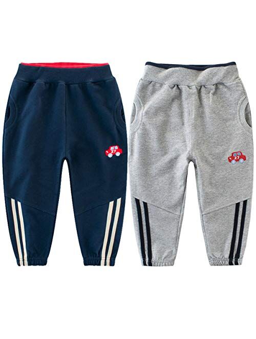 REWANGOING 2 Pack of Little Boys Girls Cartoon Print Drawstring Elastic Sweatpants Sport Jogger