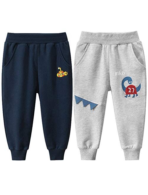 REWANGOING 2 Pack of Little Boys Girls Cartoon Print Drawstring Elastic Sweatpants Sport Jogger