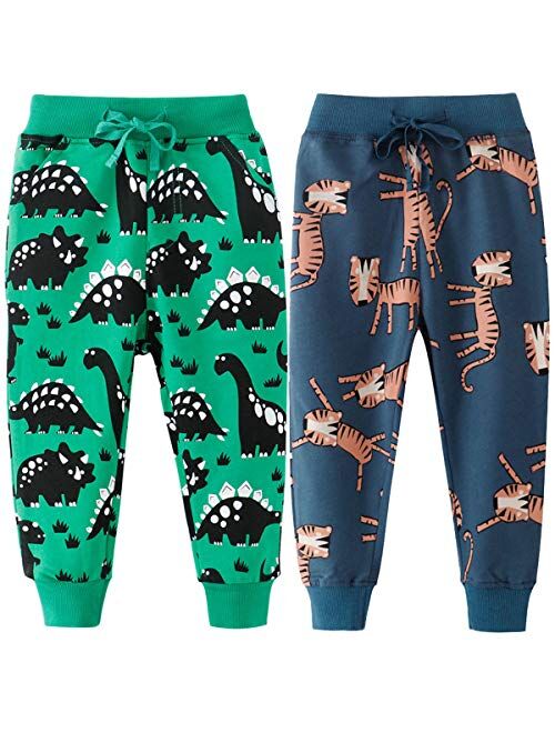 REWANGOING 2 Pack of Little Boys Girls Cartoon Print Drawstring Elastic Sweatpants Sport Jogger