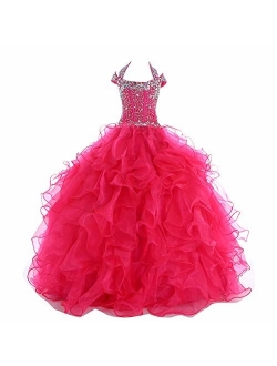 Y&C Girls Halter Chest Full Crystal Ball Gown Floor Length Pageant Dresses