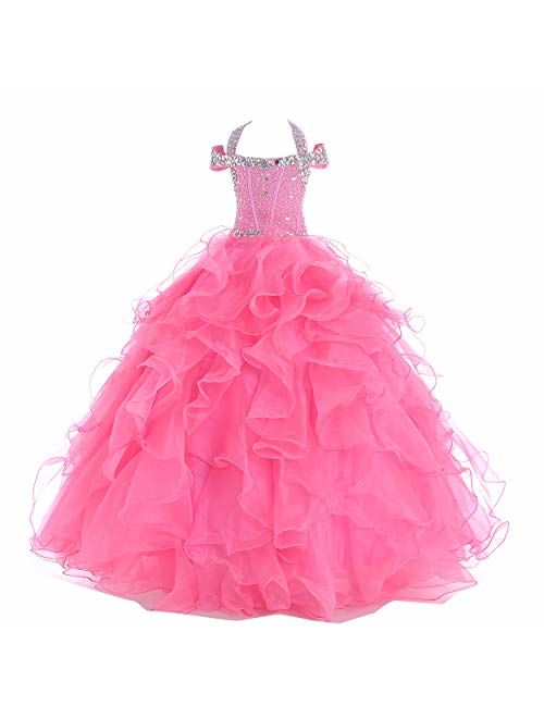 Y&C Girls Halter Chest Full Crystal Ball Gown Floor Length Pageant Dresses